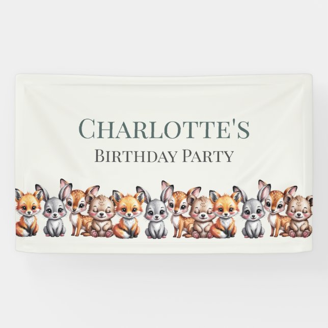 Soft Pastel Forest Animals for Kids Birthday Banner (Horizontal)
