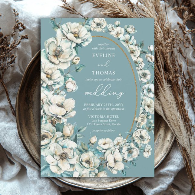 Soft pastel green turquoise garden roses boho invitation (watercolor teal and gold mixed white flowers wedding invitation)