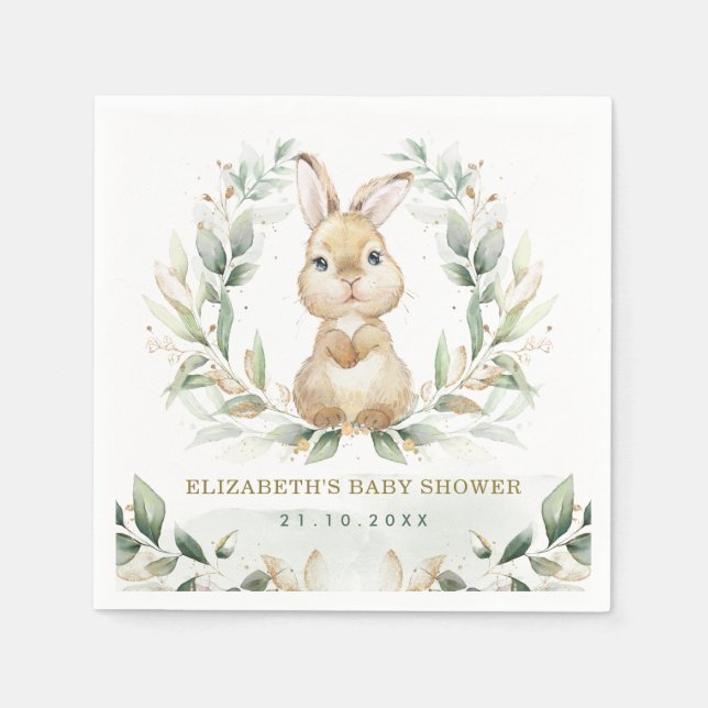 Soft Pastel Greenery Bunny Rabbit Baby Shower Napkin (Front)