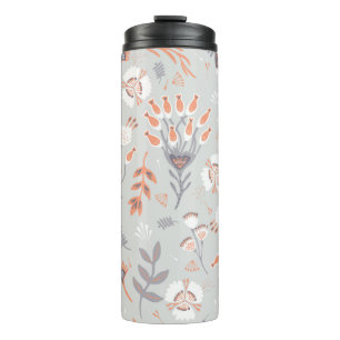 Soft Pastel Grey Orange Floral, Seamless Pattern, Thermal Tumbler