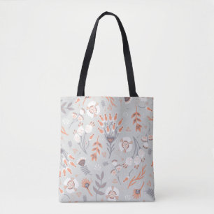 Soft Pastel Grey Orange Floral, Seamless Pattern, Tote Bag