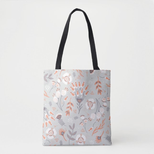 Soft Pastel Grey Orange Floral, Seamless Pattern,  Tote Bag (Front)