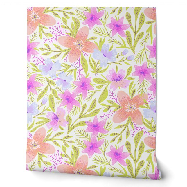 Soft Pastel Hand-Drawn Spring Flowers Wallpaper (Unrolling)