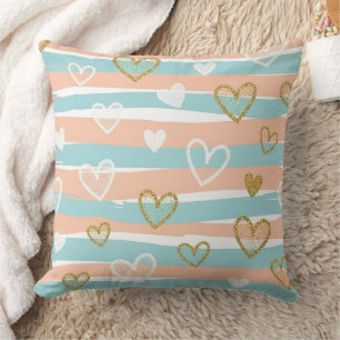 Soft Pastel Heart Stripe Gold Accent Baby Style Throw Pillow