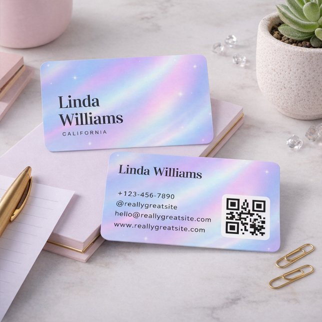 Soft Pastel Iridescent Serif Name Design QR Code Business Card (Creator Uploaded)