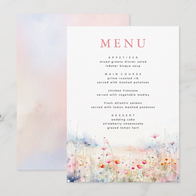 Soft Pastel Menu Mariage Fleur sauvage (Devant / Derrière)