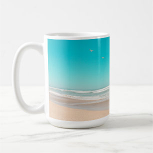 Soft Pastel Ocean Sandy Beach Sky Flying Seagulls Coffee Mug