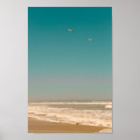Soft Pastel Ocean Sandy Beach Sky Flying Seagulls