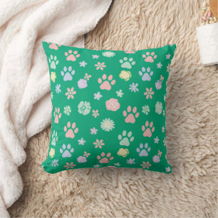 Soft Pastel Paw Prints and Flowers Pattern Throw Pillow
