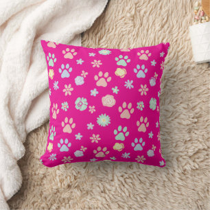 Soft Pastel Paw Prints and Flowers Pattern  Throw Pillow
