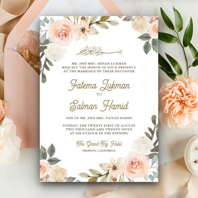 Soft Pastel Peach Floral Islamic Muslim Wedding Invitation (Creator Uploaded)