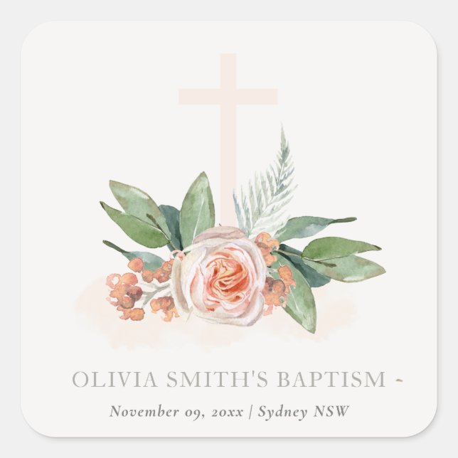Soft Pastel Peach Rose Floral Cross Bunch Baptism Square Sticker (Front)