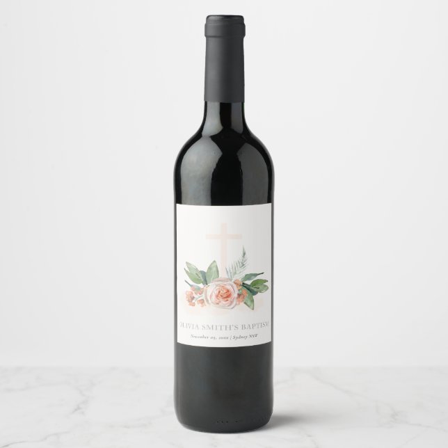 Soft Pastel Peach Rose Floral Cross Bunch Baptism Wine Label (Front)