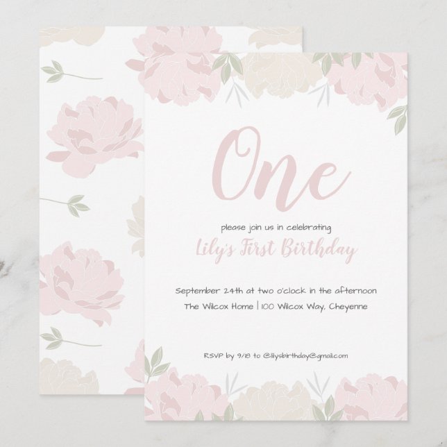 Soft Pastel Peonies Baby Girl's 1st Birthday Party Invitation (Front/Back)
