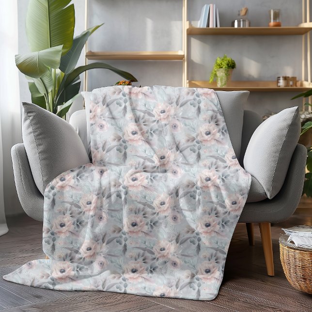 Soft Pastel Peony Watercolor Flower Floral  Fleece Blanket (Creator Uploaded)