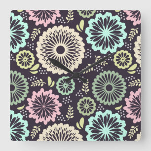 Soft pastel pink and teal flower Vintage BotanicaL Square Wall Clock