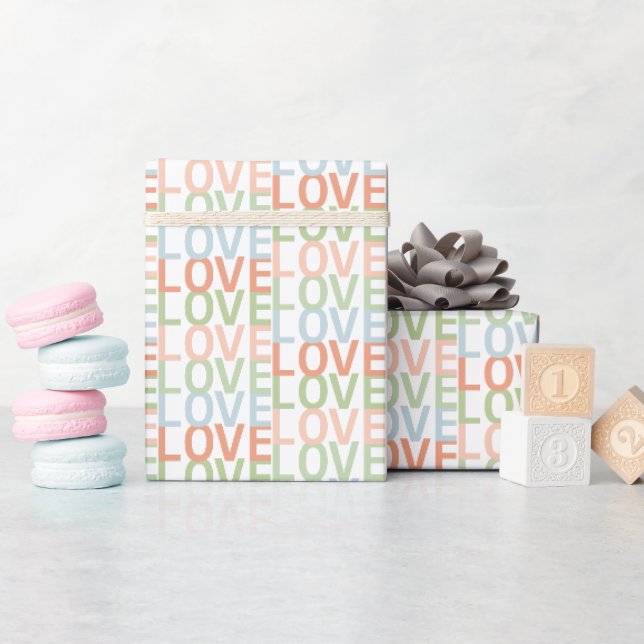 Soft Pastel Pink, Blue, and Green LOVE Pattern Wrapping Paper (Baby Shower)