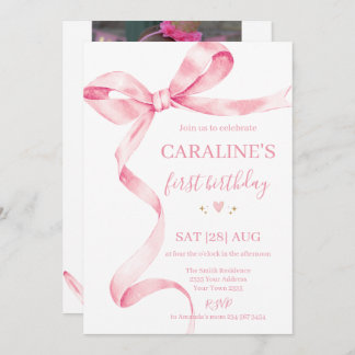 Soft Pastel Pink Bow 1st Birthday  Invitation