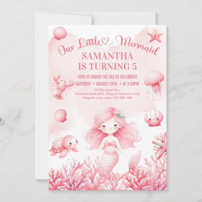 Soft pastel pink little mermaid 5th birthday invitation (Front)