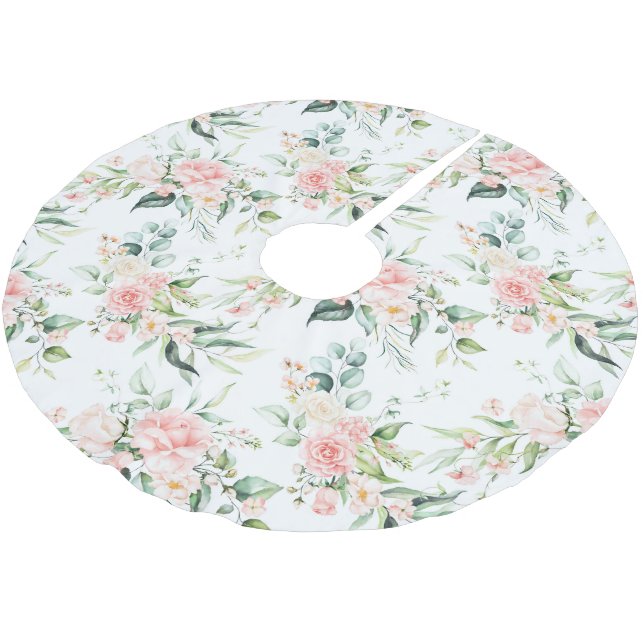 Soft Pastel Pink Rose Flower Pattern Brushed Polyester Tree Skirt (Angled)