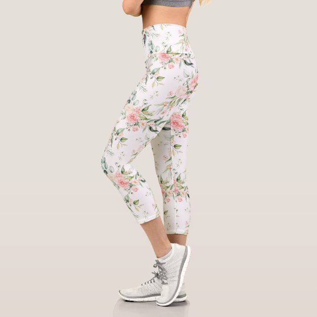Soft Pastel Pink Rose Flower Pattern Capri Leggings (Left)