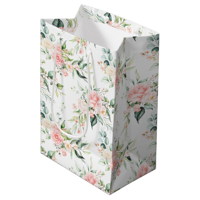 Soft Pastel Pink Rose Flower Pattern Medium Gift Bag (Front Angled)