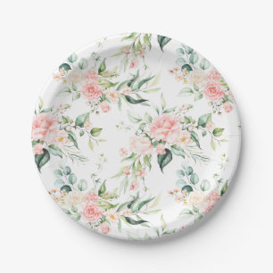 Soft Pastel Pink Rose Flower Pattern Paper Plate