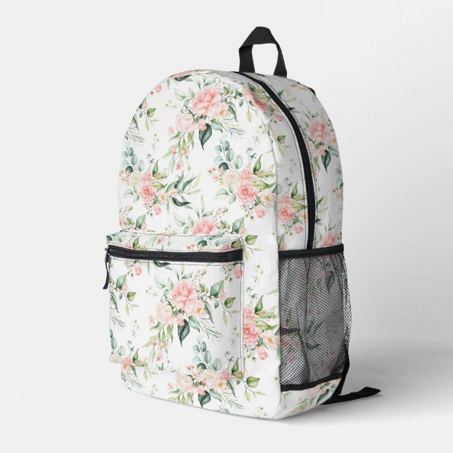 Soft Pastel Pink Rose Flower Pattern Printed Backpack (Back Corner Right)