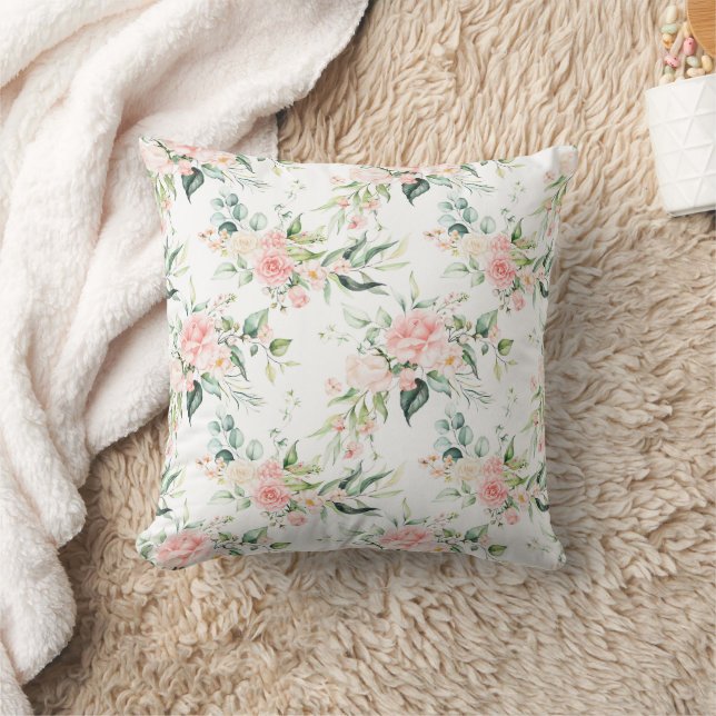 Soft Pastel Pink Rose Flower Pattern Throw Pillow (Blanket)