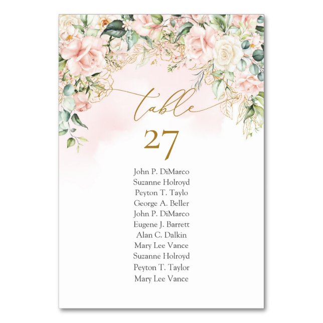 Soft pastel pink roses gold and greenery wedding table number (Front)