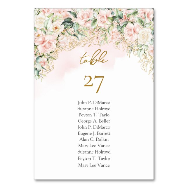 Soft pastel pink roses gold and greenery wedding table number (Front)