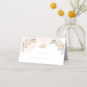 Soft pastel pink roses greenery gold place card