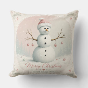 Soft Pastel Pink Snowman Winter Forest Throw Pillow