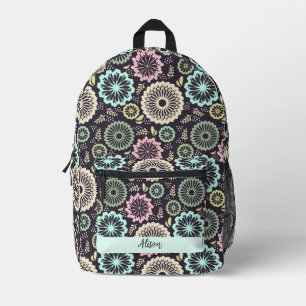 Soft pastel pink teal flower Vintage Floral Name Printed Backpack