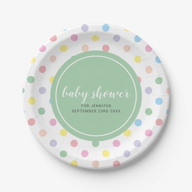 Soft Pastel Polka Dots Baby Shower Paper Plate (Front)