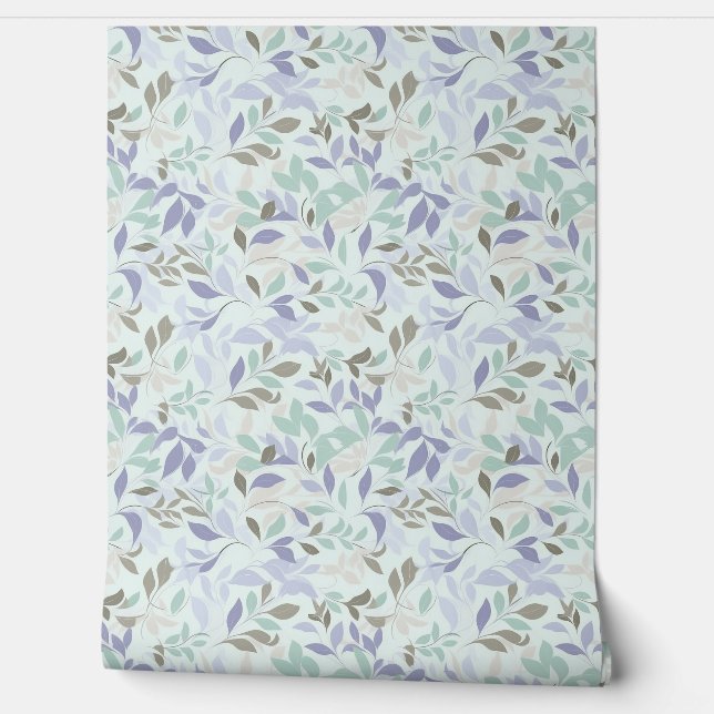 Soft pastel purple and sage green leaves chic wallpaper (Unrolling)