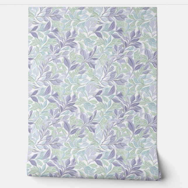 Soft pastel purple and sage green leaves chic wallpaper (Unrolling)