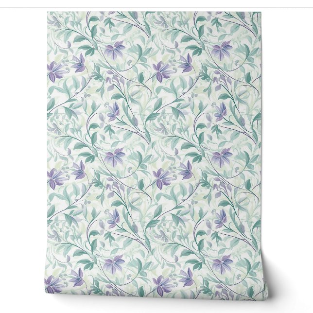 Soft pastel purple and sage green leaves chic wallpaper (Unrolling)