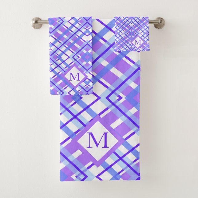 Soft Pastel Purple Blue Plaid Personalize Monogram Bath Towel Set (Insitu)