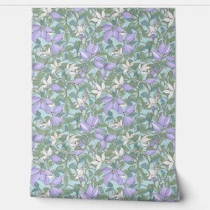 Soft pastel purple flowers and sage green leaves wallpaper