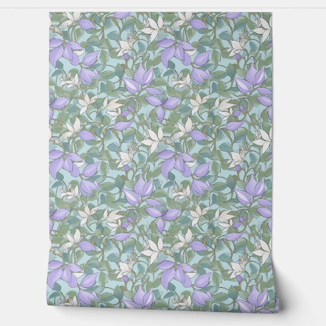 Soft pastel purple flowers and sage green leaves wallpaper (Unrolling)