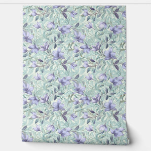 Soft pastel purple flowers and sage green leaves wallpaper