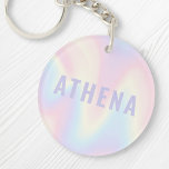 Soft pastel rainbow name trendy modern minimal keychain<br><div class="desc">Trendy keychain featuring a soft pastel rainbow pattern background and your name in light purple.</div>