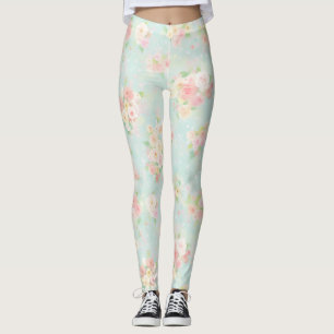 Soft Pastel Rose Pattern on Aqua Background Leggings
