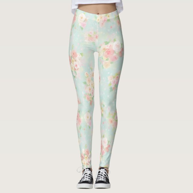 Soft Pastel Rose Pattern on Aqua Background Leggings (Front)