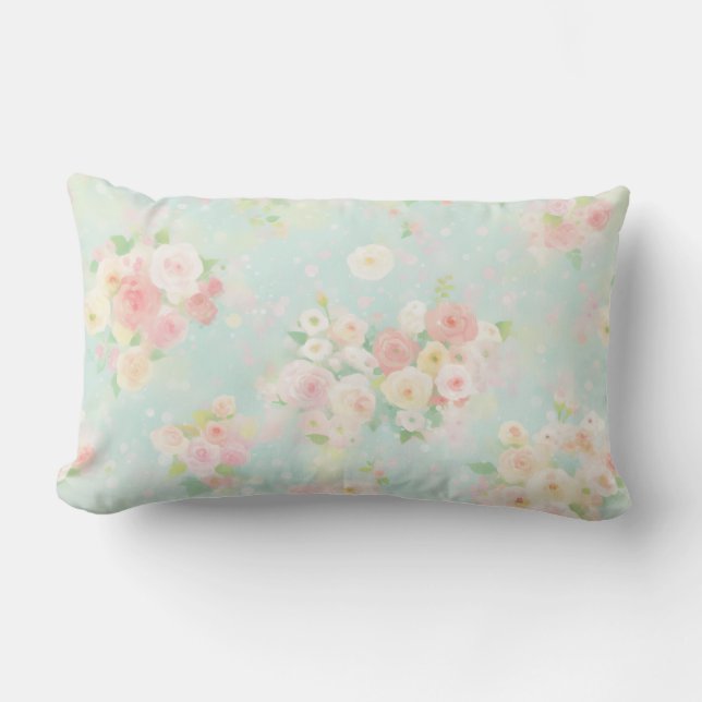 Soft Pastel Rose Pattern on Aqua Background Lumbar Pillow (Front)