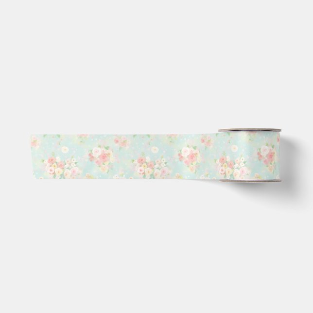 Soft Pastel Rose Pattern on Aqua Background Satin Ribbon (Front)