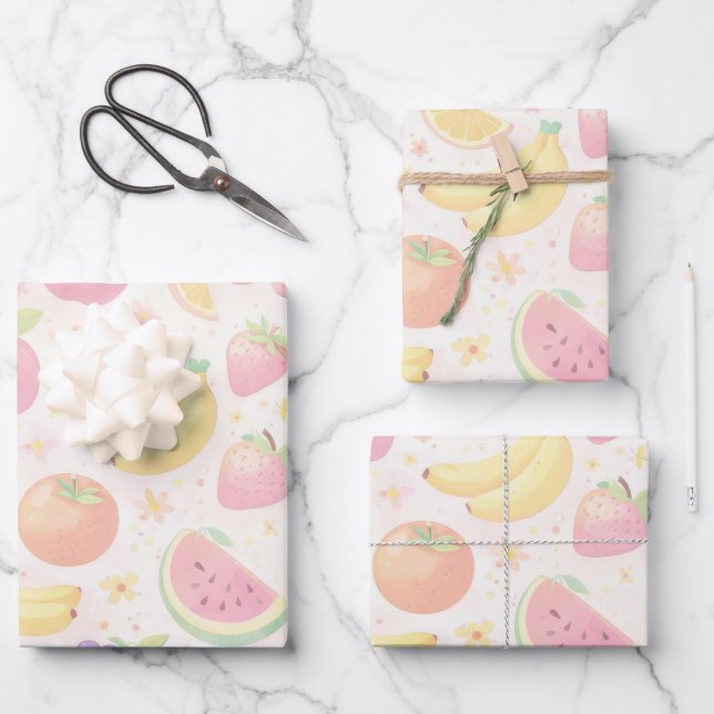 Soft Pastel Seamless Fruit Pattern Wrapping Paper Sheet (Front)
