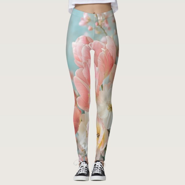 Soft Pastel Spring Flowers Design Delicate Florals Leggings (Front)