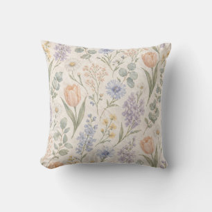 Soft Pastel Spring Meadow Watercolor Tulips Lilacs Throw Pillow